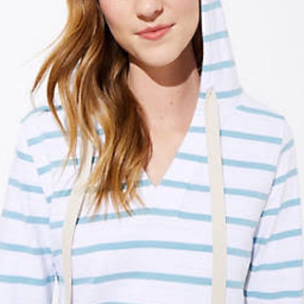 LOFT AQUA AND WHITE STRIPED PULL ON HOODIE